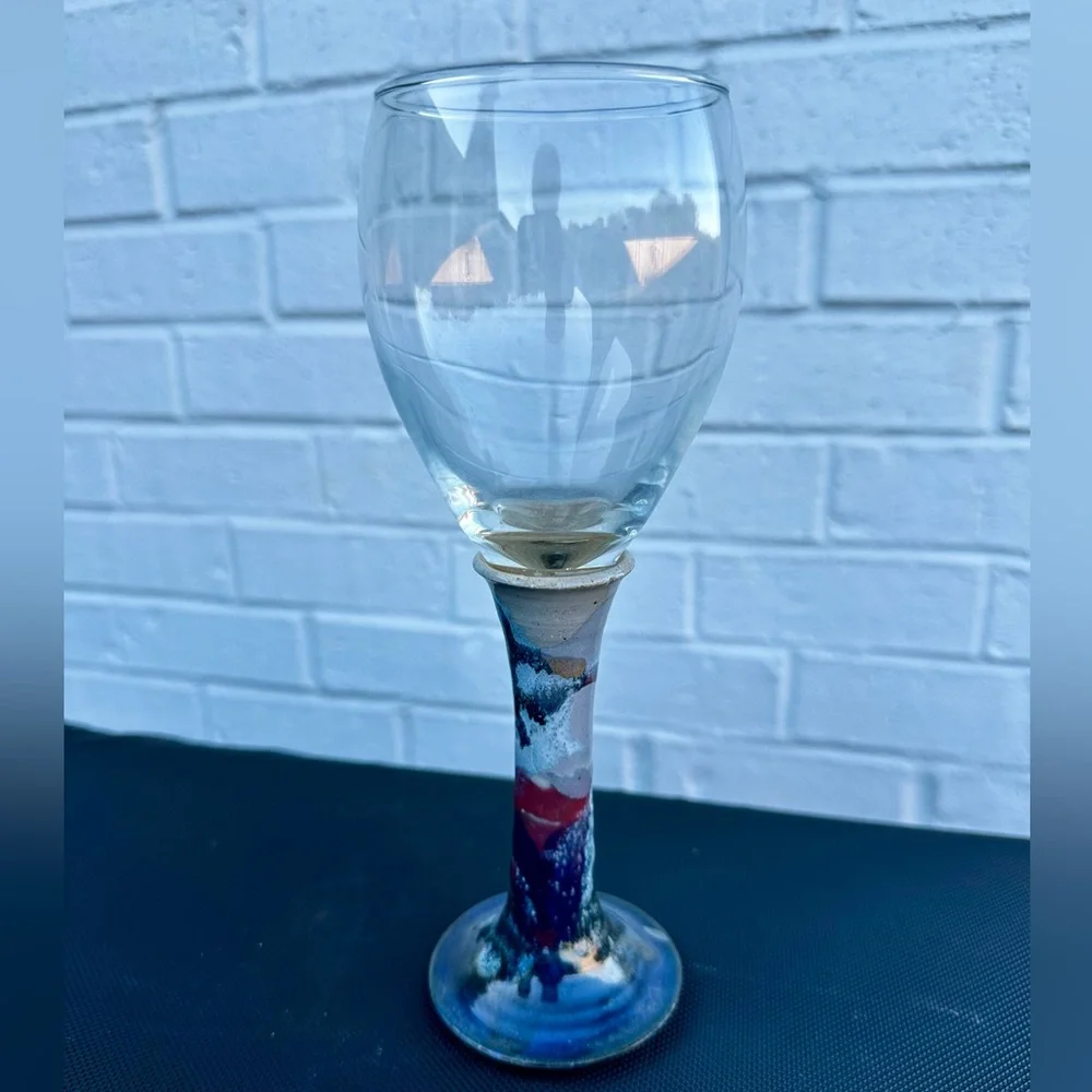 Buie Pottery Gatlinburg, Tennessee Signed Stoneware Wine Glass 9” tall. Like New